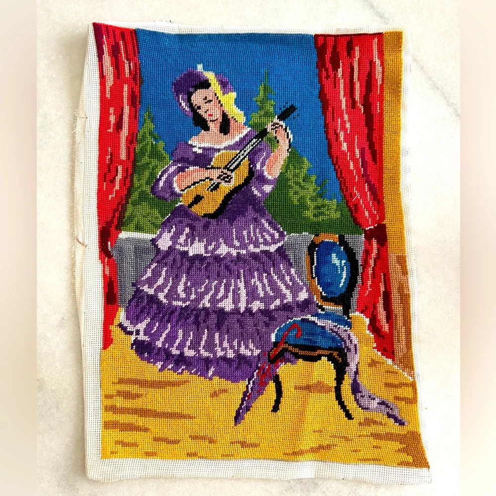 Vintage Needlepoint Completed Lady W/Guitar Hat Not Framed Clean Colorful Craft